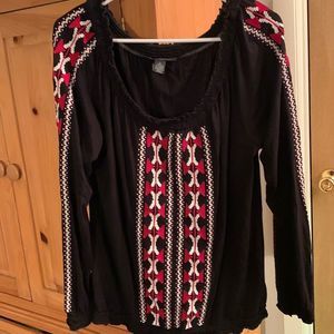 INC International Concepts Southwest style long sleeve embroidered top